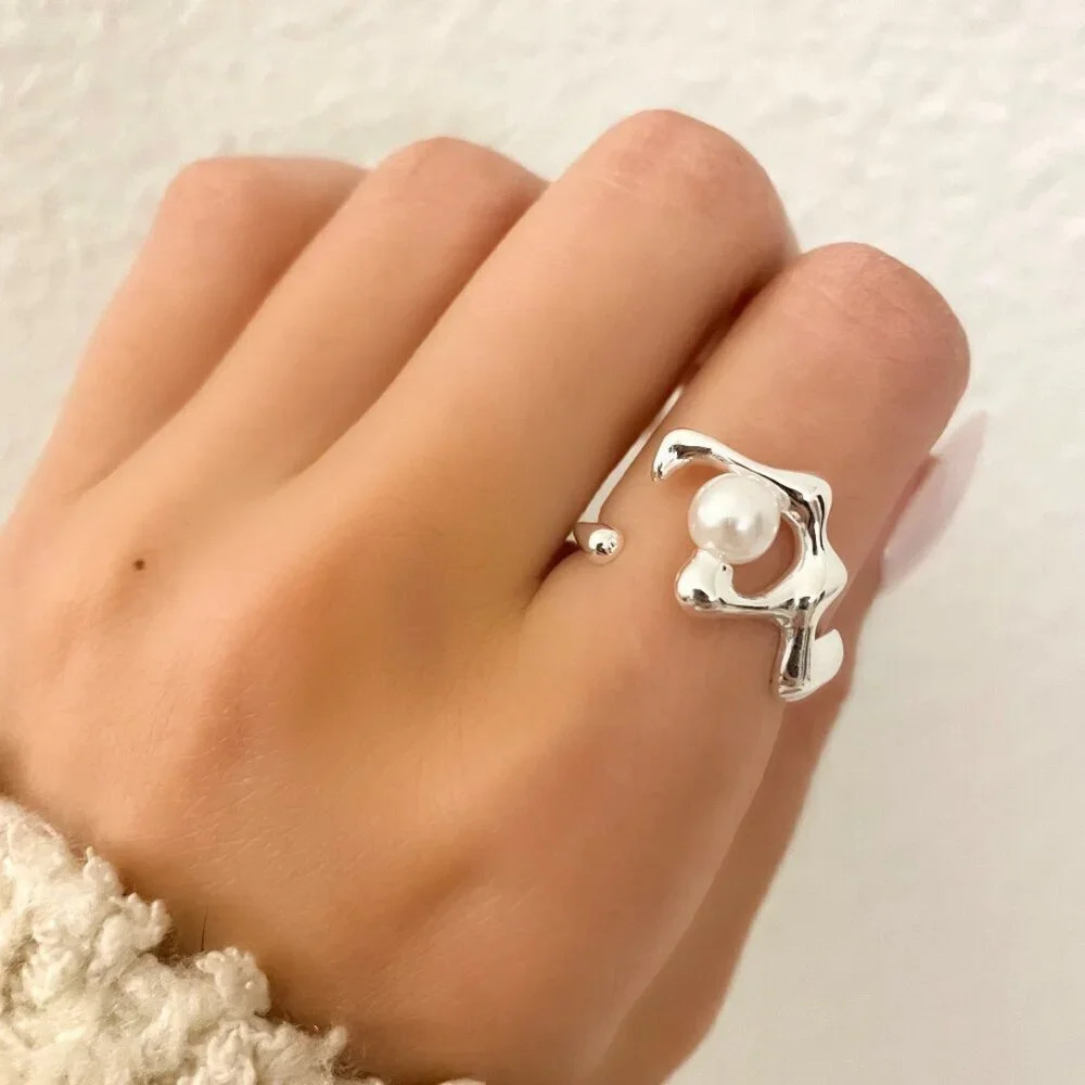 925 Sterling Silver Geometric Pearl Ring Abstract Modern Ring Minimalist Ring